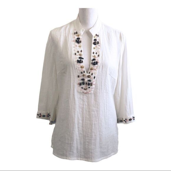 SHARON YOUNG - JEWELED - V NECKLINE - 3/4 SLEEVES LINEN BOHO BEADED BLOUSE B14 - Picture 2 of 10